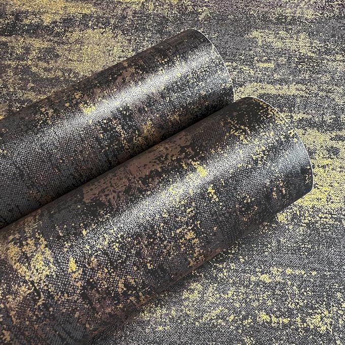 JiffDiff Vintage Metallic Peel and Stick Wallpaper Industrial Metallic Concrete Wall Paper Modern Stick on Wallpaper Self Adhesive Contact Paper(17.3" x 400" Black Gold)
