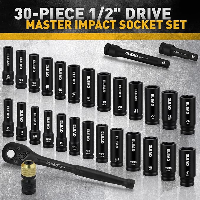 ELEAD 1/2" Drive Deep Impact Socket Set: 30-Piece Standard SAE (3/8 to 1 Inch) and Metric (10-24mm) Size, 3" and 5" Drive Extension Bar, Ratchet Handle, Bit Adapter, CR-V Steel for Auto Repair
