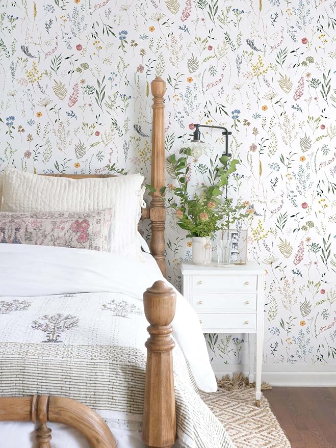 Dimoon 236"x16.1" Floral Peel and Stick Wallpaper White Contact Paper Thicken Wallpaper Delicate Flower Waterproof Green Leaf White Self Adhesive Removable Wall Paper Shelf Liner Vinyl Roll