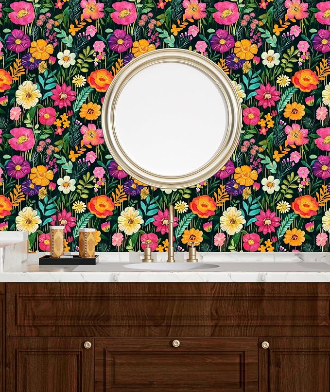 BOKEBEVE Floral Wallpaper Peel and Stick Boho Green Colorful 17.5 x 118In | Removable Self Adhesive Renter Friendly Vintage Flower Wall Paper for Bedroom Bathroom Living Room Feature Accent Wall
