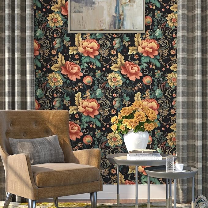 BOKEBEVE Floral Wallpaper Peel and Stick Vintage Black Orange 17.5 x 118In | Removable Self Adhesive Renter Friendly Boho Leaf Wall Paper for Bedroom Bathroom Living Room Feature Accent Wall