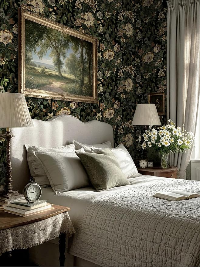 Dimoon 17.3"x393" Dark Wallpaper Peel and Stick Moody Vintage Victorian Floral Contact Paper Green Gothic Wallpaper for Bedroom Flower Leaf Yellow Renter Friendly Wall Paper Removable Vinyl Roll
