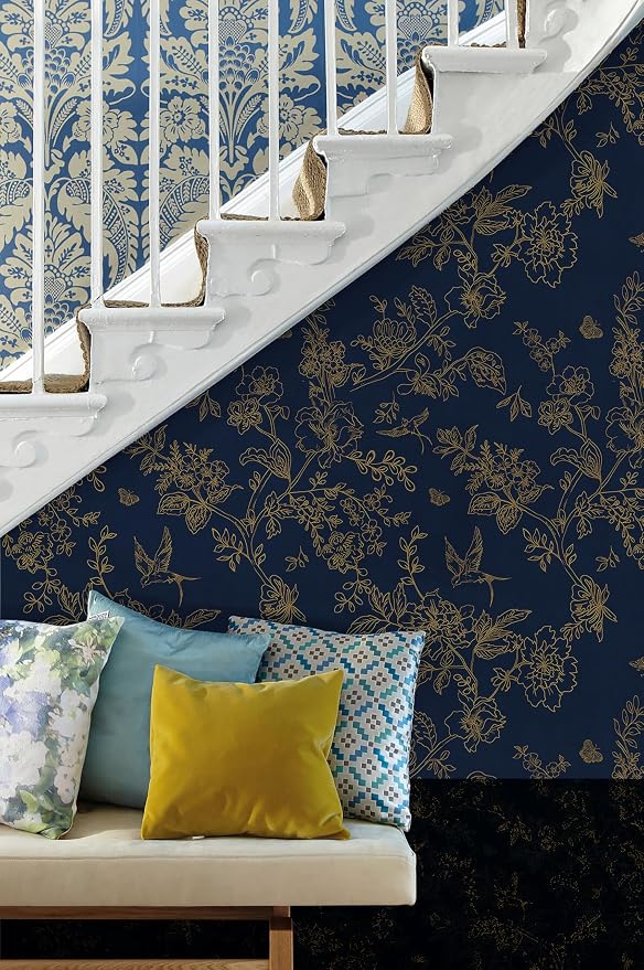 Froluya Dark Blue and Gold Vintage Floral Peel and Stick Wallpaper 17.7"x196.8" Dark Blue Floral Wallpaper Peel and Stick Removable Self Adhesive Wall Paper for Bathroom Bedroom Decorative Vinyl
