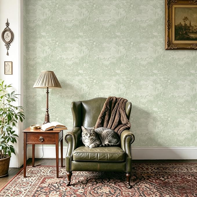 Peel and Stick Wallpaper Green Vintage Forest Animals Floral Wallpaper Removable Self-Adhesive Contact Paper for Bedroom Living Room Cabinets Decoration Thicken Vinyl 17.3”×393”