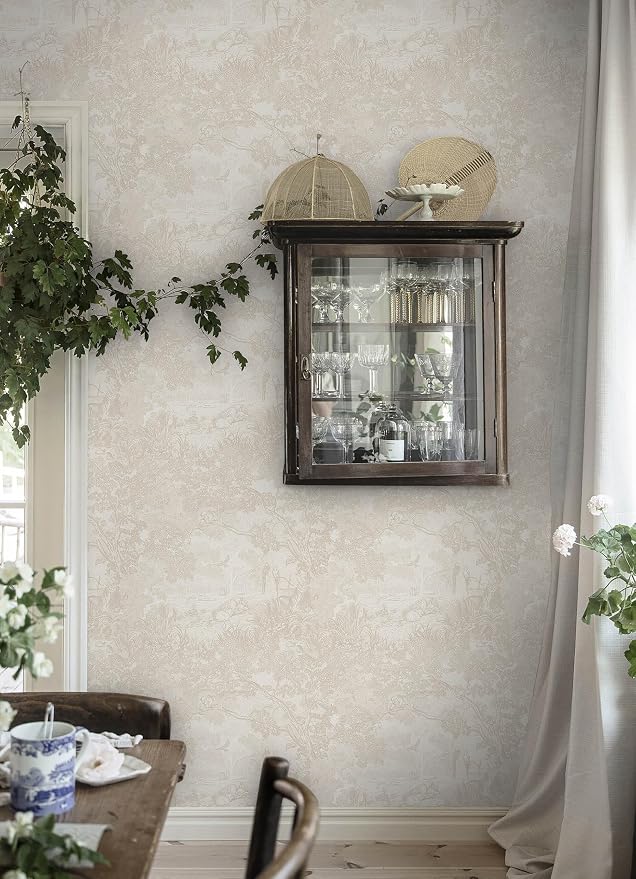 Heroad Peel and Stick Wallpaper Beige Neutral Vintage Forest Animals Floral Wallpaper Removable Self-Adhesive Contact Paper for Bedroom Living Room Cabinets Decoration Thicken Vinyl 17.3" x 197"