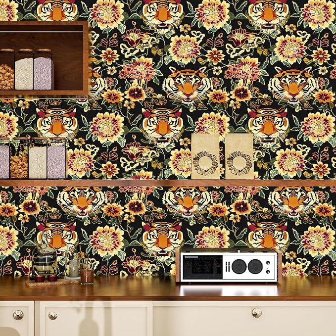 Yellow Gold Vintage Tiger Peel and Stick Wallpaper 17.5" x 118" | Waterproof Vinyl Self Adhesive Removable Renter Friendly Floral Contact Paper