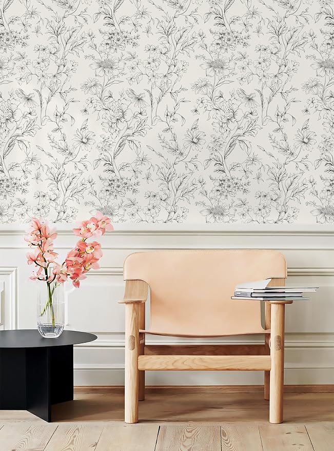 Hopepak 17.3''x394'' Black and Cream White Floral Wallpaper Peel and Stick Wall Paper for Bedroom Self Adhesive Removable Contact Paper Waterproof for Bathroom