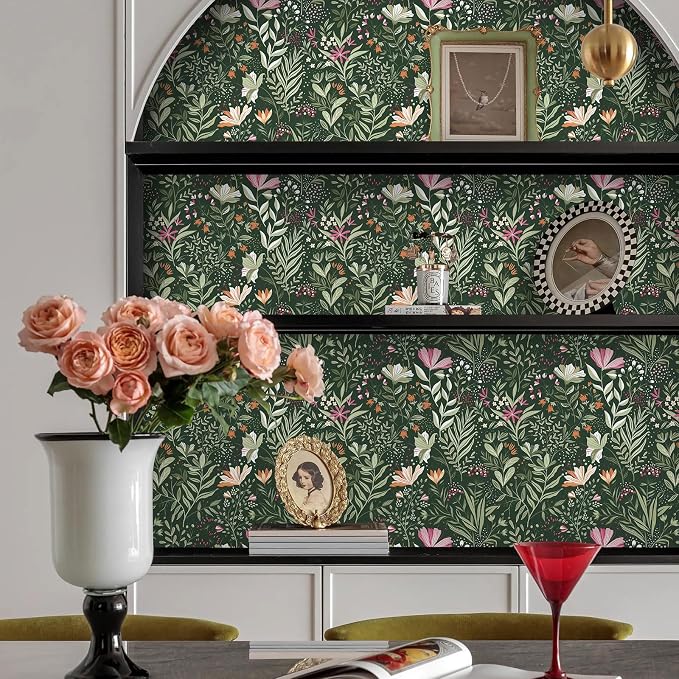 Fititem Green Floral Peel and Stick Wallpaper Boho Dark Vintage 17.3”×393” | Floral Self Adhesive Contact Paper Botanical Nature Removable Wildflower Wallpaper Waterproof Wallpaper for Bathroom Bedroom