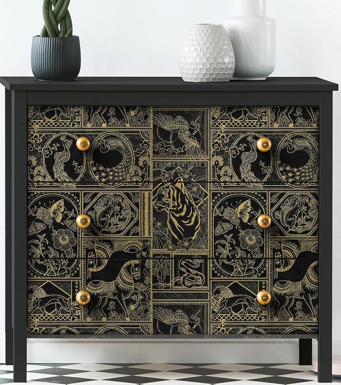 Erfoni Black and Gold Wallpaper Vintage Peel and Stick Wallpaper Special Animals Pattern Contact Paper Stick and Peel Self Adhesive Removable Wall Paper for Countertop Cabinets Covering 78.7"x17.7"