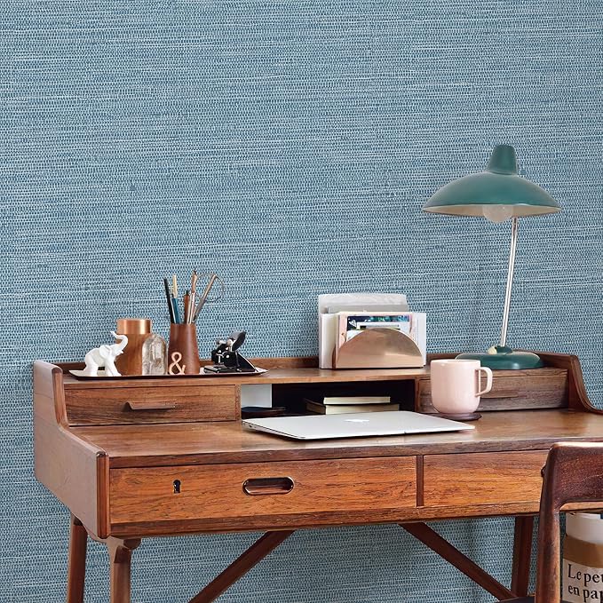 JiffDiff Grasscloth Wallpaper Peel and Stick Blue Grassweave Stick on Wallpaper Textured Self Adhesive Wall Paper Contact Paper 787" x 17.3"