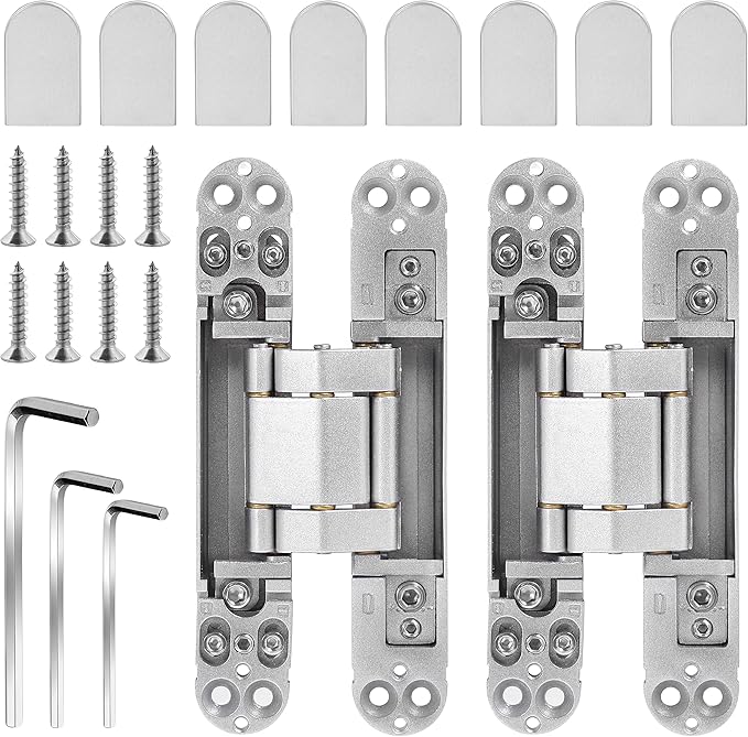 Onedaful 2 Kits 6 inch Stainless Steel Hidden Door Hinges Invisible Hinges for Door, 180 Degree Swing Concealed Hinges, 3 Way Adjustable & Heavy Duty for Secret Door (Load-Bearing Up to 170lbs)