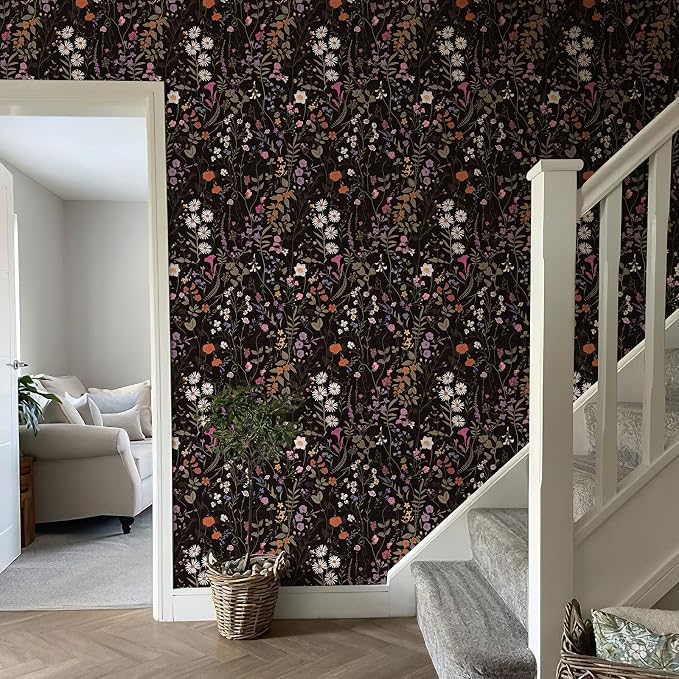 Wallpaper Self-Adhesive Blooming Vintage Colourful Flowers Wall Paper for Bedroom Living Room Cabinet, Peel and Stick Beige Sketch Little Flowers Wallpaper Mural 25.8sq. feet (236.2"x17.3", Black)