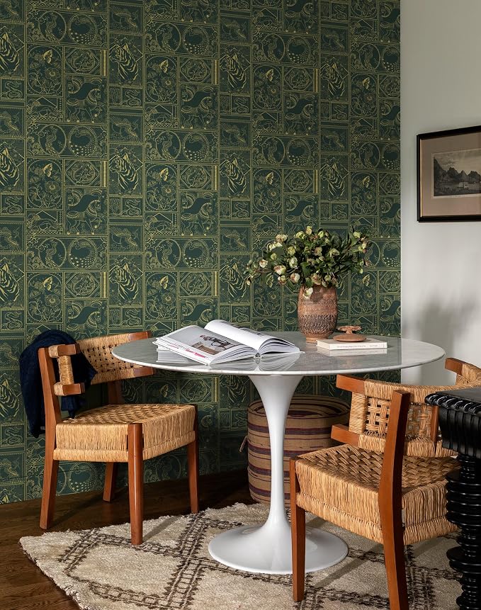 Erfoni 394"x17.7" Vintage Peel and Stick Wallpaper Green and Gold Contact Paper Peel and Stick Removable Animal Pattern Wall Paper DIY Waterproof Self Adhesive Wallpaper for Accent Wall Covering