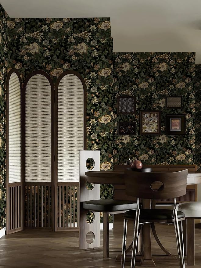 Dimoon 17.3"x78.7" Dark Wallpaper Peel and Stick Moody Vintage Victorian Floral Contact Paper Green Gothic Wallpaper for Bedroom Flower Leaf Yellow Renter Friendly Wall Paper Removable Vinyl Roll