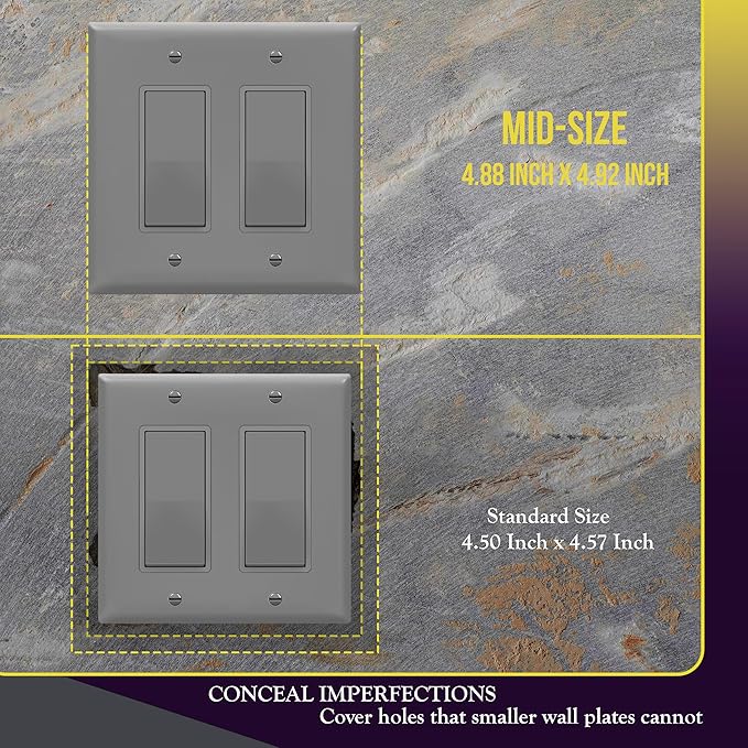 ENERLITES Double Decorator Switch Cover, Two Gang Outlet Wall Plate, Gloss Finish, Mid-Size 2-Gang 4.88" x 4.92", Unbreakable Polycarbonate Thermoplastic, UL Listed, 8832M-GY-10PCS, Gray, 10 pack