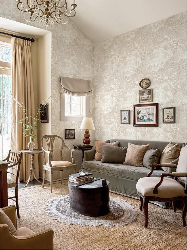 Heroad Peel and Stick Wallpaper Oatmeal Cream Vintage Forest Animals Floral Wallpaper Removable Self-Adhesive Contact Paper for Bedroom Living Room Cabinets Decoration Thicken Vinyl 17.3”x393”