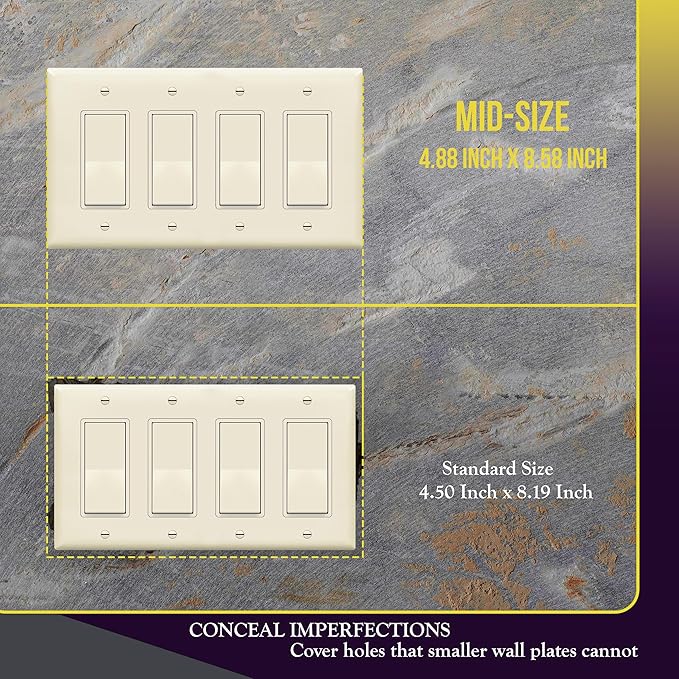 ENERLITES Quadruple Decorator Switch Cover, Four Gang Outlet Wall Plate, Gloss Finish, Mid-Size 4-Gang 4.88" x 8.58", Unbreakable Polycarbonate Thermoplastic, UL Listed, 8834M-LA, Light Almond