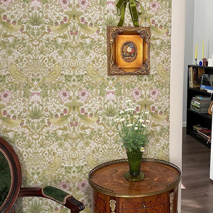HueBurst William Morris Vintage Peel and Stick Wallpaper 17.7 x 118in Strawberry/Bird Botanical Self Adhesive Removable Waterproof Contact Paper for Living Room Bedroom Cabinets Drawers Decor