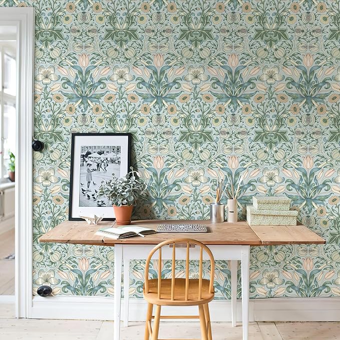 HueBurst 17.3"x118" Peel and Stick Wallpaper Floral Contact Paper Blue Background Pink Pomegranate Flower Wallpaper Self Adhesive Wall Paper Removable Modern Wallpaper for Living Room Funiture Decor