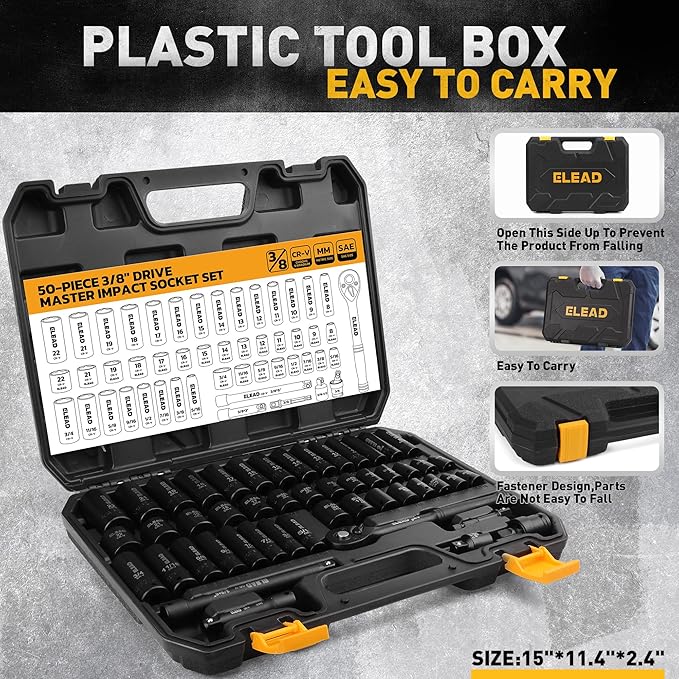 3/8" Drive Impact Socket Set - 50-Piece SAE (5/16" to 3/4") & Metric (8-22mm) Socket Wrench Set, 6-Point CR-V Steel Deep & Shallow Sockets with Ratchet Handle, Universal Joint, Extension Bar, Adapter
