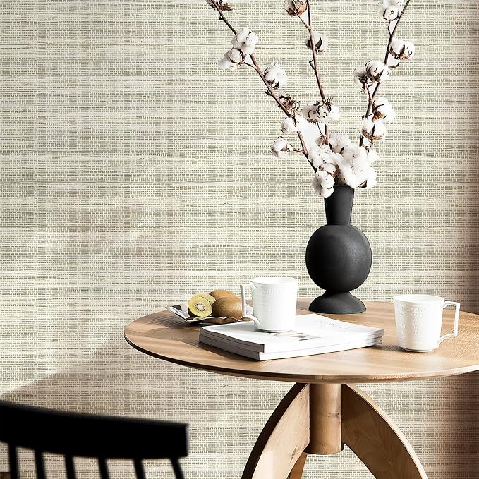 Simon&Siff Cream Textured Grasscloth Peel and Stick Wallpaper 17.7"x394" Neutral Faux Grassweave Wallpaper Waterproof Self Adhesive Removable Wallpaper Mural for Home Decor Bedroom Kitchen Cabinet