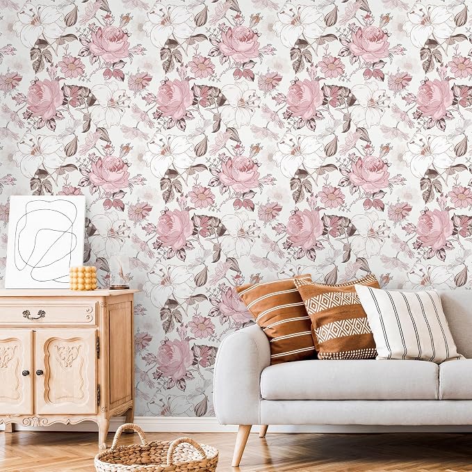Hopepak 16.1''x394'' Floral Peel and Stick Wallpaper Modern Pink Contact Paper Removable Self Adhesive Wall Paper for Bedroom Bathroom Cabinets Decor Waterproof Vinyl