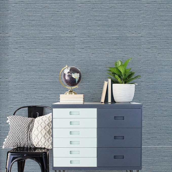Simon&Siff Gray Blue Textured Grasscloth Peel and Stick Wallpaper 17.7"x1200" Neutral Faux Grassweave Waterproof Self Adhesive Removable Wallpaper Mural for Home Decor Bedroom Kitchen Cabinet