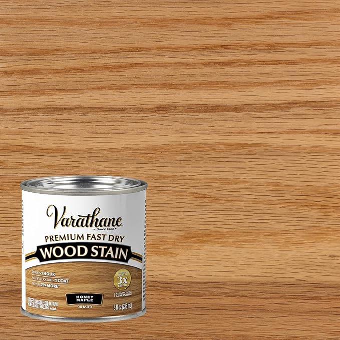 Varathane Premium Fast Dry Wood Stain | 1 Hour Dry Time | 1 Coat Color | Interior Wood Stain | Furniture, Cabinets, Doors, Trim | Half Pint | Honey Maple