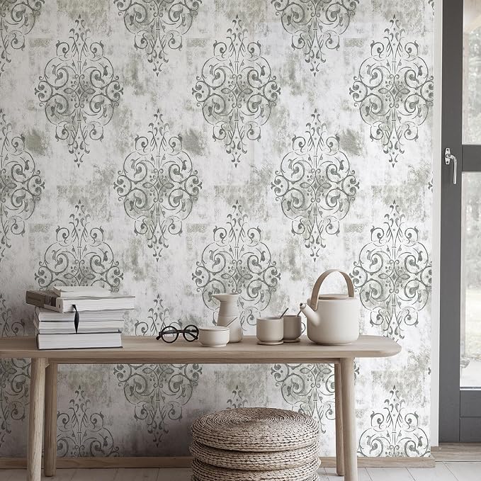 HAOKHOME Vintage Damask Peel and Stick Wallpaper White Vinyl Self Adhesive Decorative Contact Paper 17.7in x 9.8ft