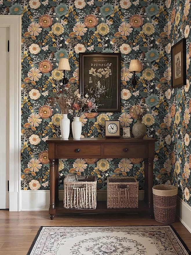 Dimoon Boho Retro Wallpaper Peel and Stick Wallpaper Vintage Floral Contact Paper 17.3''x78.7'' Dark Black Bohemian Removable Wall Paper Renter Friendly Waterproof Wall Mural Bedroom Bathroom Vinyl