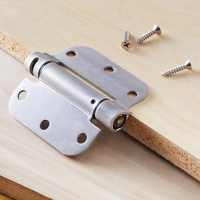 Amazon Basics Self-Closing Door Hinge, 3.5 Inch x 3.5 Inch, 5/8-Inch Radius, Satin Nickel, 1-Piece, Hardware Included