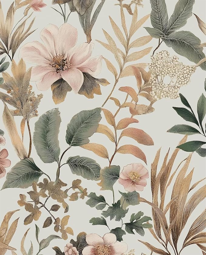 Vintage Pink Green Gold Floral Botanical Wallpaper 17.5''x393'' | Self Adhesive/Removable/Waterproof/Thick Vinyl Contact Paper for Bathroom Bedroom Shelf Cabinet Drawer,Prepasted,Easy Peel