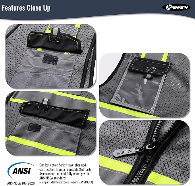 JKSafety Hi Vis Reflective Safety Vests for Men Women High Visibility Vest with Pockets Mesh Fabric Construction Safety Apparel Neon Vest for Work (220-Grey L)