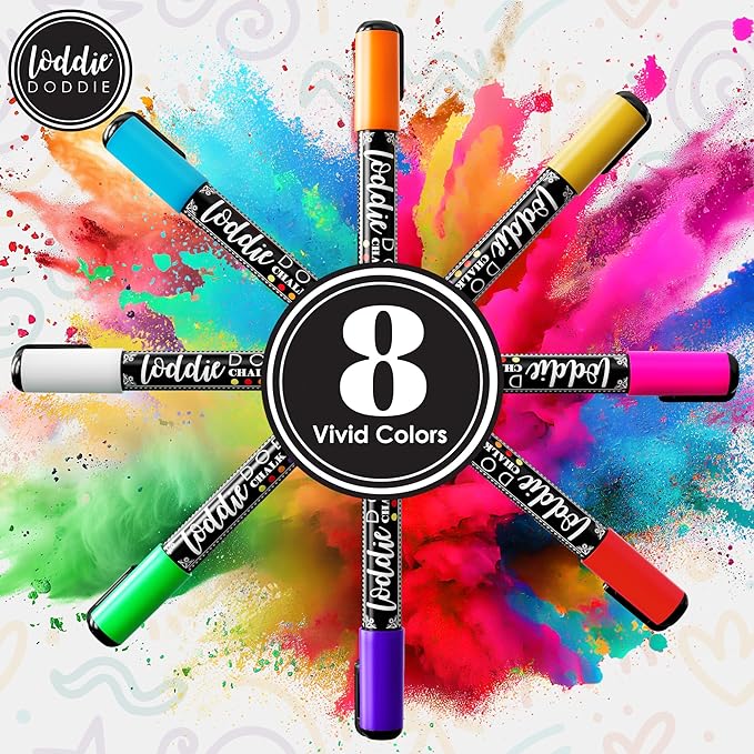 Loddie Doddie Liquid Chalk Markers - 8-Pack, 6mm Dual Tips - Chalk Markers for Blackboard & Chalkboard Paint - Washable Window Pens for Glass - Erasable Pens