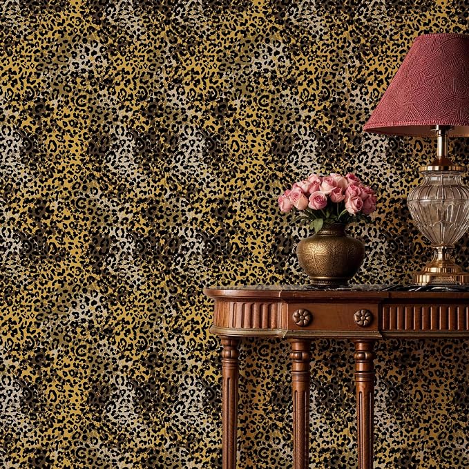 Black Gold Leopard Print Peel and Stick Wallpaper, 17.3" x 120" | Waterproof Removable Self Adhesive Wallpaper, Unique Funky Cheetah Contact Paper for Bedroom, Bathroom, Decor