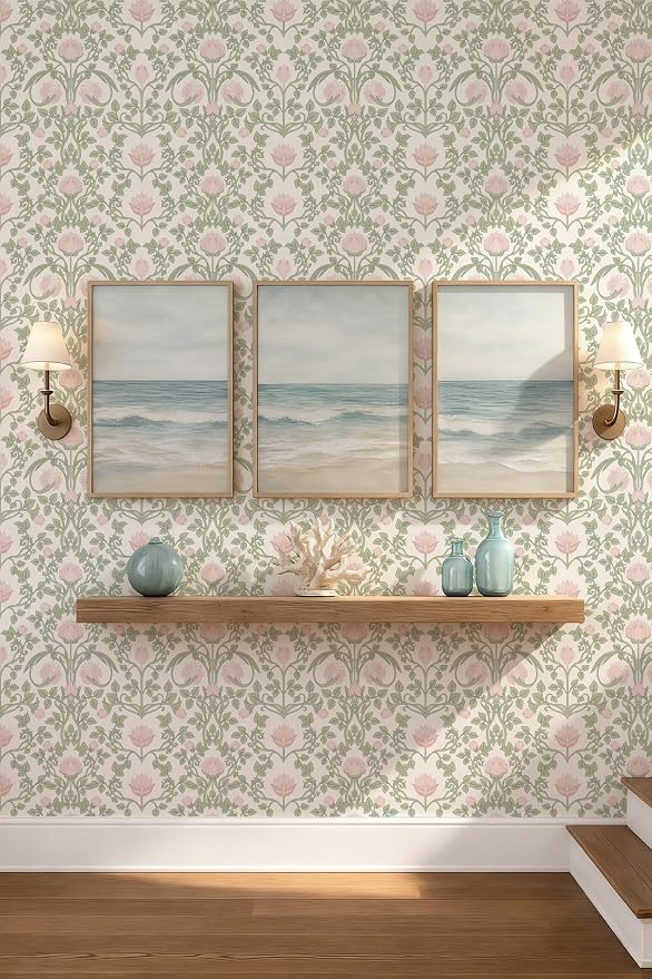 YXTII 590.5" × 17.3" Floral Wallpaper Peel and Stick Pink and Green Wallpaper Vintage Damask Wall Paper for Bedroom Bathroom Decorative Self Adhesive Contact Paper
