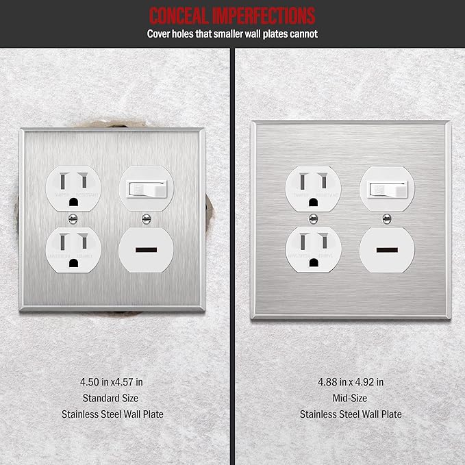 ENERLITES Double Duplex Receptacle Metal Wall Plate, Stainless Steel Outlet Cover, Corrosion Resistant, 430 Stainless Steel, Mid-Size 2-Gang 4.88" x 4.92", UL Listed, 7722M, Silver