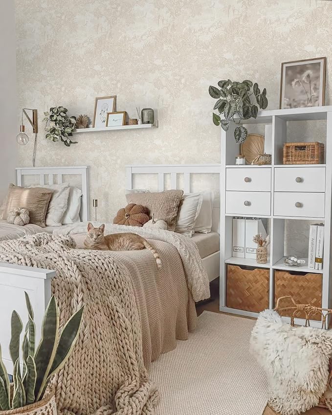Heroad Peel and Stick Wallpaper Beige Neutral Vintage Forest Animals Floral Wallpaper Removable Self-Adhesive Contact Paper for Bedroom Living Room Cabinets Decoration Thicken Vinyl 17.3" x 197"