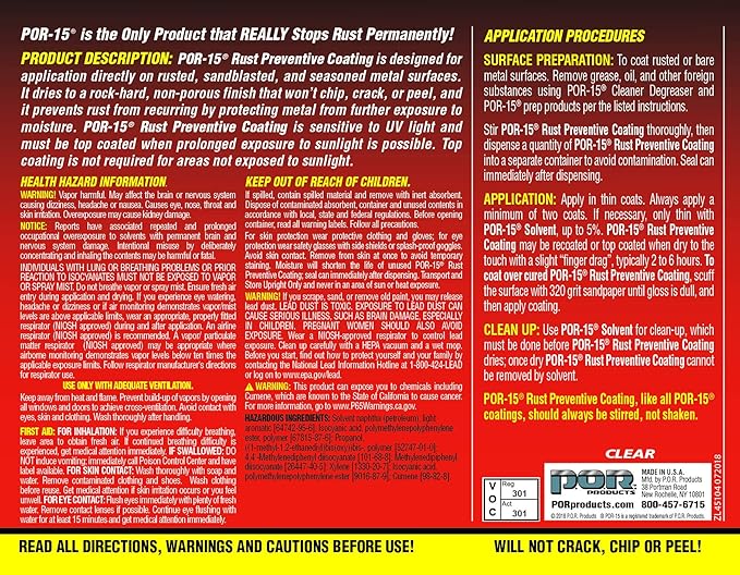 POR-15 Rust Preventive Coating, Stop Rust and Corrosion Permanently, Anti-rust, Non-porous Protective Barrier, 32 Fluid Ounces, Clear