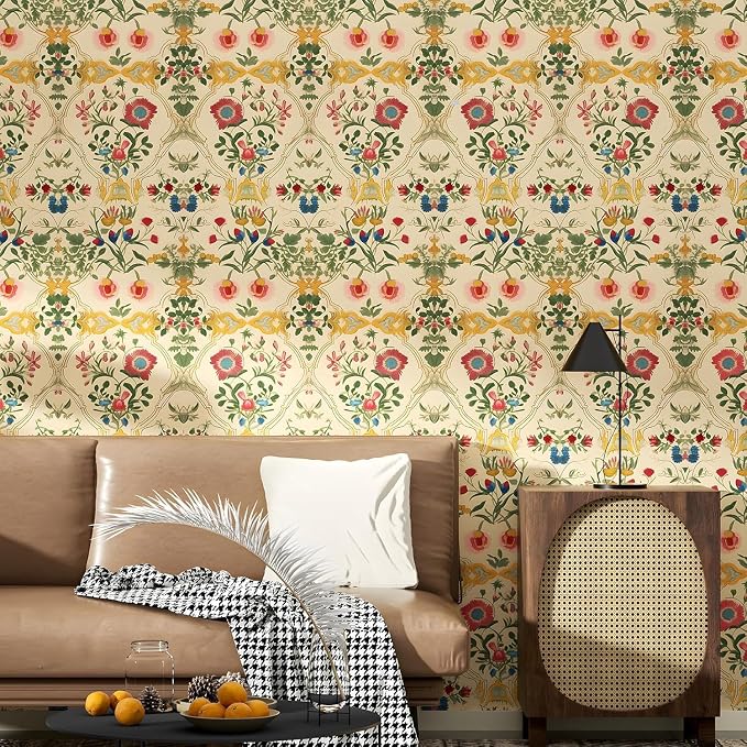 ILHIIOR Yellow Floral Peel and Stick Wallpaper - Boho Vintage Leaf Pattern - Removable Self Adhesive for Cabinet Drawers - 17.5''x393''