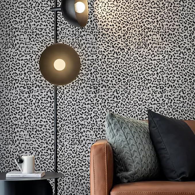 Leopard Print Peel and Stick Wallpaper, Waterproof Removable Self Adhesive Textured Wall Paper, Black and White Unique Funky Cheetah Contact Paper for Bedroom and Bathroom 120"X17.3"(14.4 sq. ft)