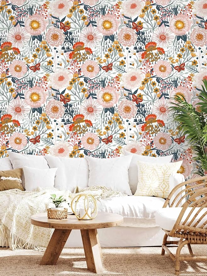 Dimoon Floral Wallpaper Peel and Stick Wallpaper Boho Retro Contact Paper 17.3''x385'' White Bohemian Vintage Removable Wall Paper Renter Friendly Waterproof Wall Mural Bedroom Bathroom Vinyl