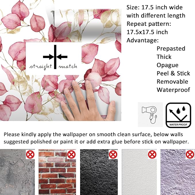 Livelynine Pink and Gold Peel and Stick Wallpaper Botanical Mural 17.5x276 | Pink and Gold Contact Paper Peel and Stick Pink Wallpaper for Girls Bedroom Dorm Cute Elegant Accent Wall Renter Friendly