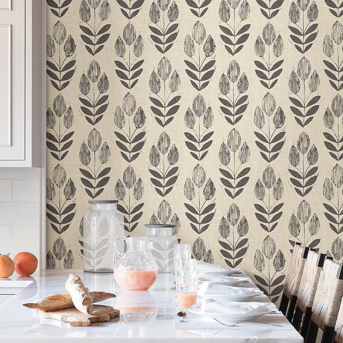 NuWallpaper Folk Tulip Peel and Stick Wallpaper, Neutral, Textured Removable Wallpaper, 20.5 in x 18 ft