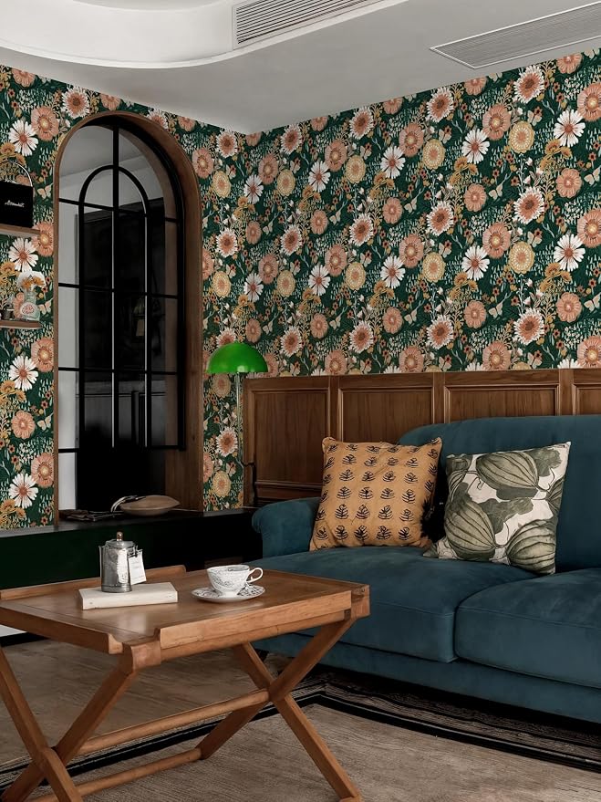 Boho Retro Dark Green Wallpaper Peel and Stick Wallpaper Vintage Floral Contact Paper 17.3''x362'' Bohemian Removable Wall Paper Renter Friendly Waterproof Wall Mural Bedroom Bathroom Vinyl