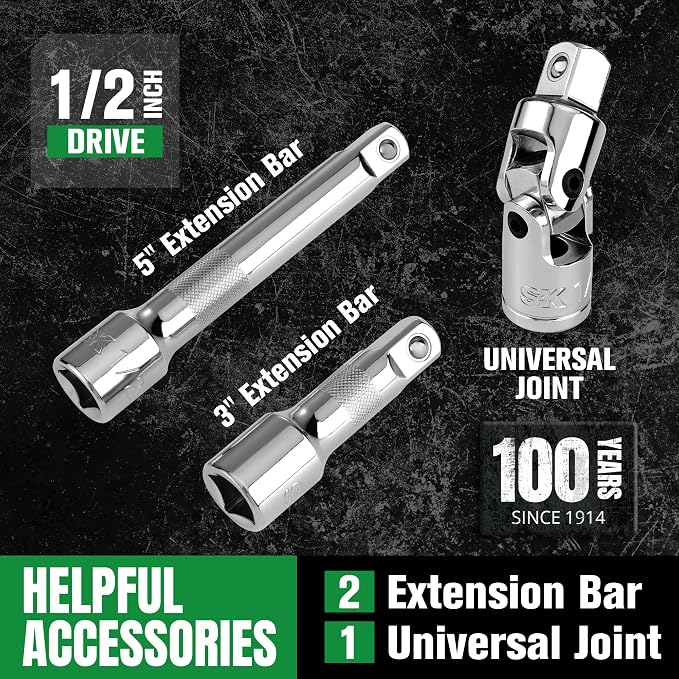 SK 1/2" Drive Socket Set with 160-P Ratchet, 34-Piece SAE Sockets | SuperKrome Finish, Premium CR-V Steel, Heat Treated, with EVA Foam Tool Organizer