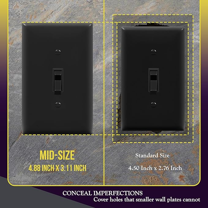 ENERLITES Mid-Size Toggle Light Switch Wall Plate, Midway 1-Gang 4.88" x 3.11", Unbreakable Polycarbonate Thermoplastic, UL Listed, 8811M-BK-10PCS, Black Switch Cover, Gloss Finish, 10 Pack