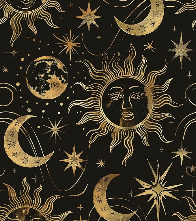 Laatse Black Peel and Stick Removable Vintage Wallpaper Gold Celestial Sun Moon Star Contact Paper 17.5" x 393" Dark Boho Mural Waterproof for Wall Bedroom Kitchen Bathroom Cabinet Room Decor