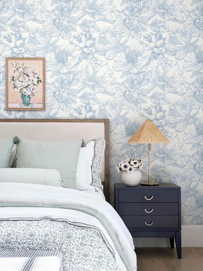 78.7"x17.3"Peel and Stick Blue Vintage Floral Line Wallpaper for Living Room