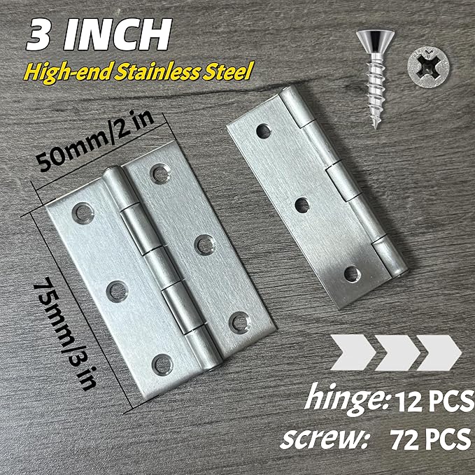12 PCS 3 inch Stainless Steel Butt Door Hinges with Screws, Brushed/Satin Finish, 1.3mm Thick Small Cabinet & Box Hinges, Silver